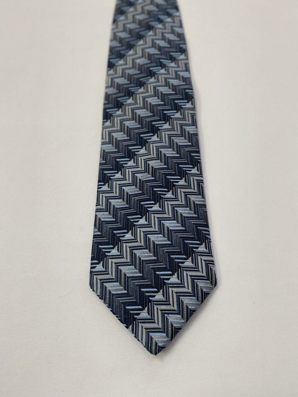 Pronto Uomo Silk Tie Mens Blue Gray Chevron Herringbone Geometric Corporate